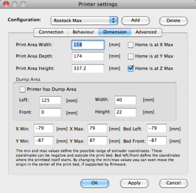 Repetier: Printer Settings, Dimension tab